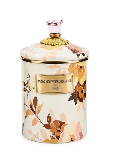 Wild Rose White Medium Canister with floral pattern, gold-tone label, and pink glass lid knob.