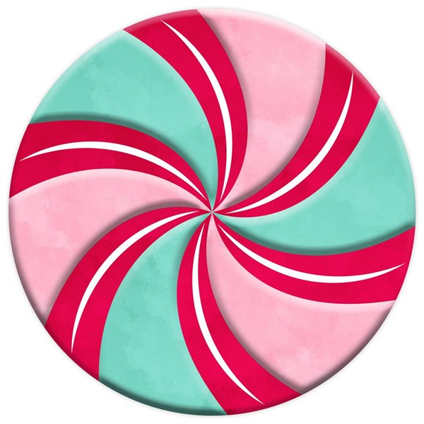12-inch round metal sign featuring an embossed peppermint candy with a red, pink, and teal swirl.