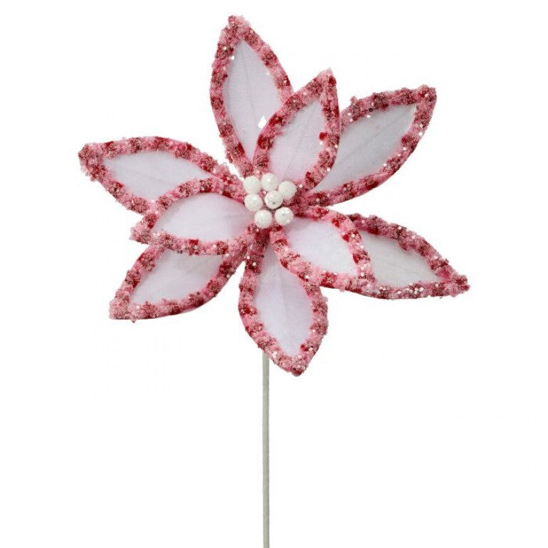 Artificial poinsettia stem with candy red petals dusted in white snowglitter glitter.