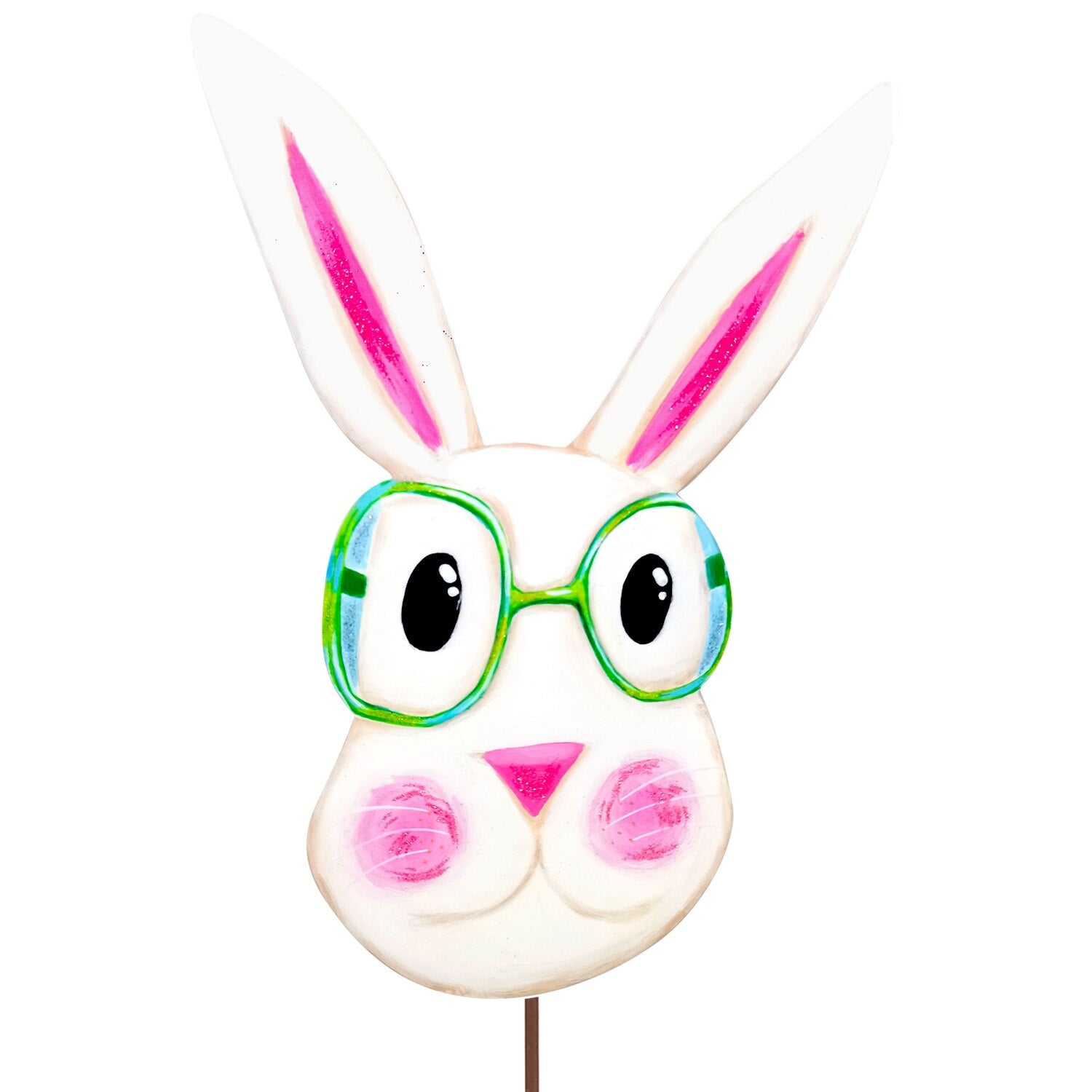 White Easter bunny stake with pink ears, glasses, and rosy cheeks.