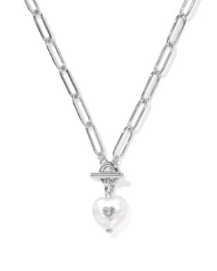 Sasha Heart Short Pendant Necklace with a heart-shaped pearl on a silver paperclip chain.