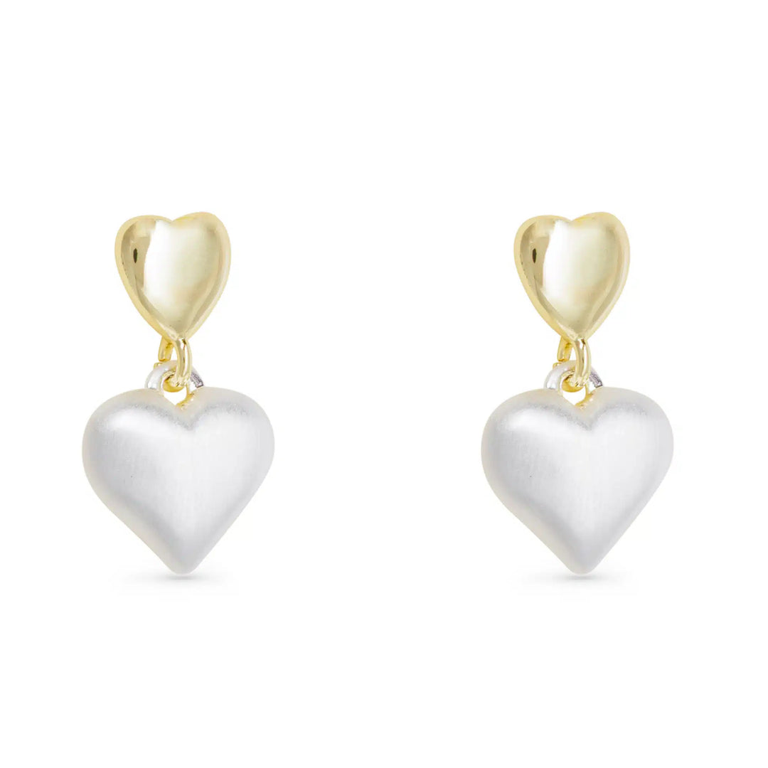 Gold and silver mixed heart drop earrings with polished gold tops and matte silver heart drops.