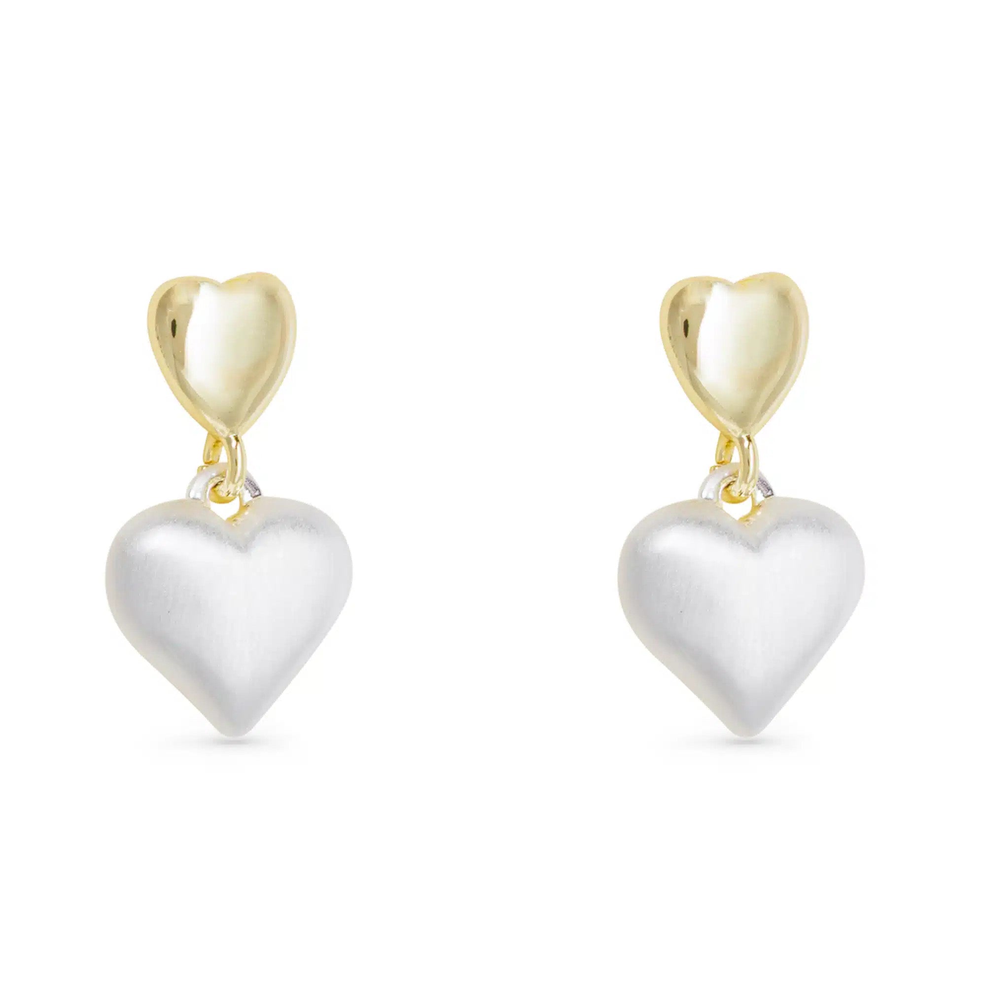 Gold and silver mixed heart drop earrings with polished gold tops and matte silver heart drops.