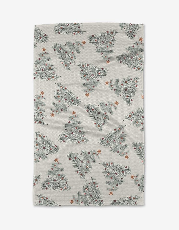 Holiday tea towel with waffle weave construction in red featuring a festive snowman pattern.