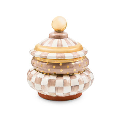 Hand-painted mocha check ceramic canister with gold lustre embellishments