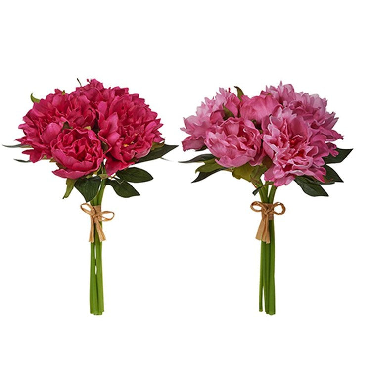 Bundle of three artificial peony flowers in pink foam with plastic stems.