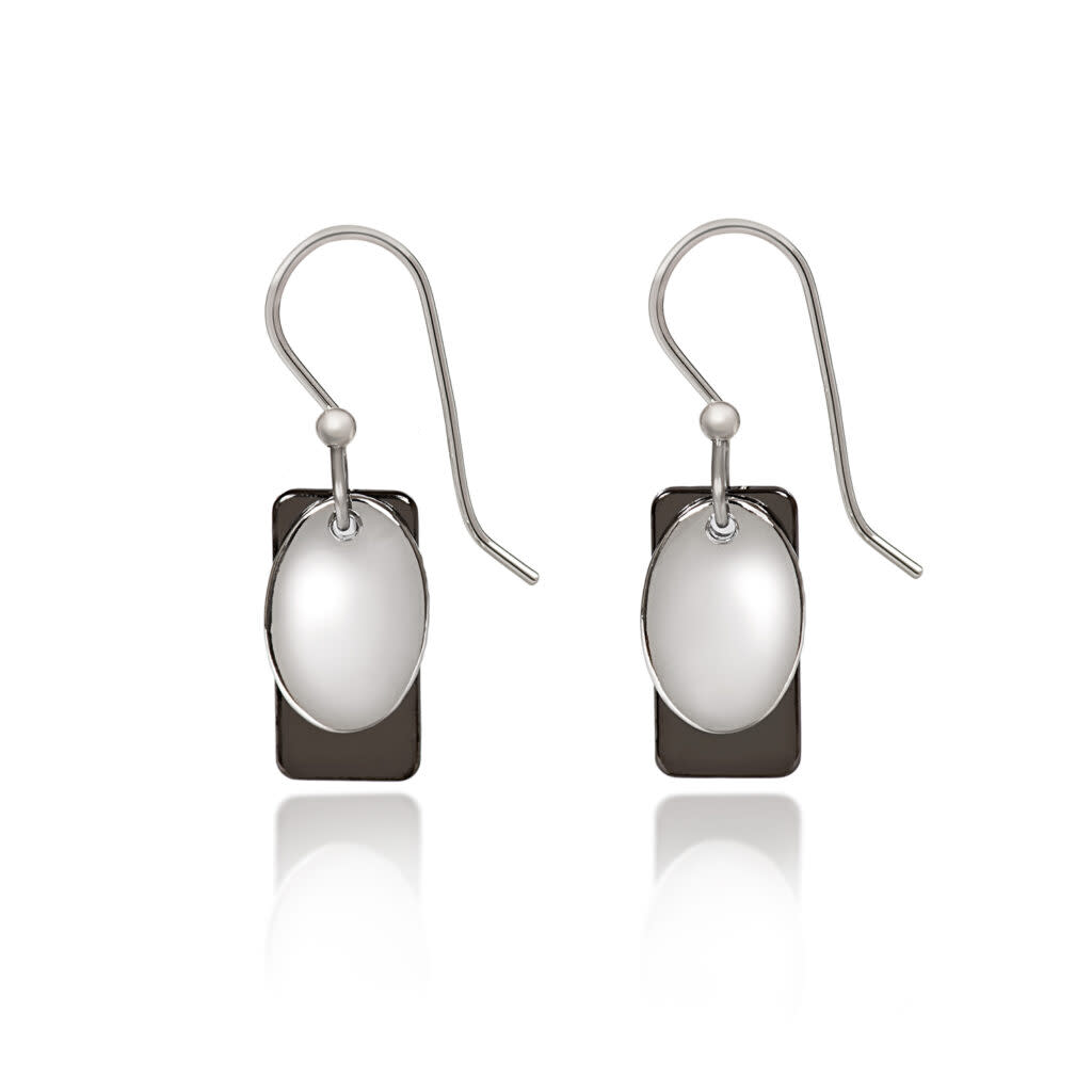 Mini layered drop earrings with a silver-tone oval over a dark rectangle on surgical steel wires.
