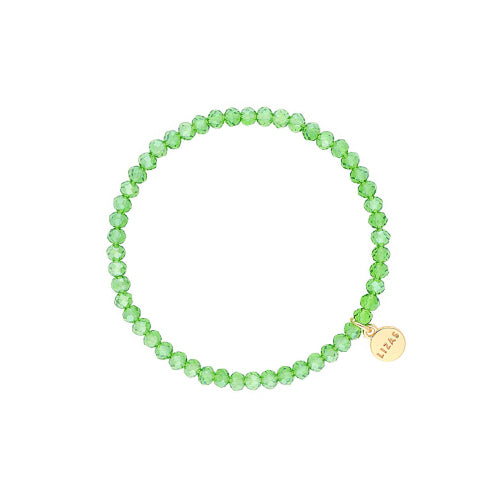 Stretchy beaded bracelet with faceted glass beads in a colorful pattern.