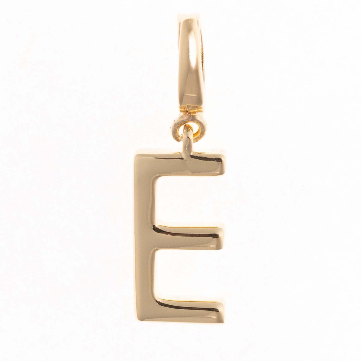 18k gold plated Tia Initial Charm featuring the letter E with a clasp attachment.
