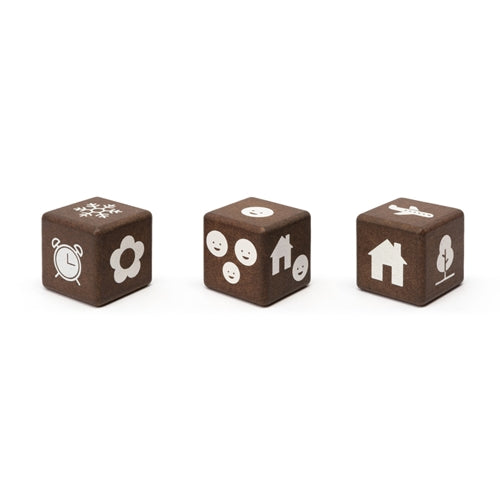 Three brown wooden dice with white icons: snowflake, flower, clock, faces, house, tree, and airplane.