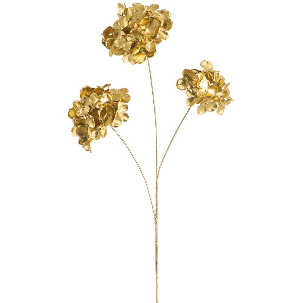 28.5-inch metallic gold hydrangea spray with three clusters of shimmering fabric blooms.