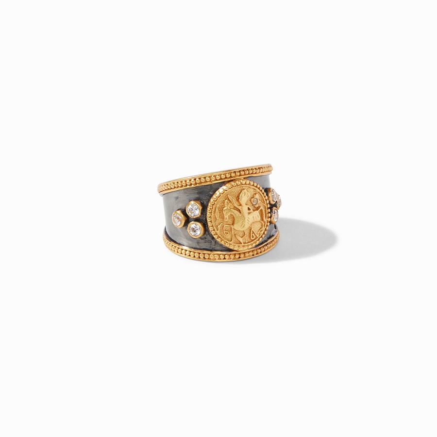 Coin Crest Ring in gold plate featuring a bas relief knight on horseback flanked by trefoil cubic zirconia.