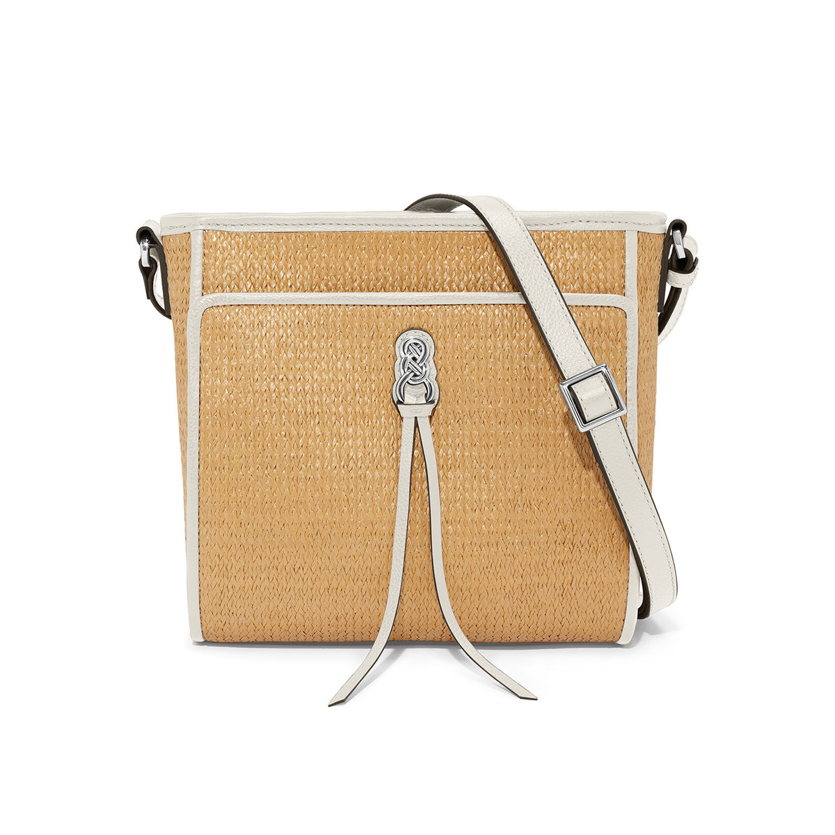 Natural-white faux straw Astrid organizer bag with adjustable strap, zip top closure, and exterior pockets.