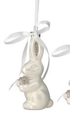 4.5-inch champagne glass bunny ornament with a white ribbon bow and glitter accents.