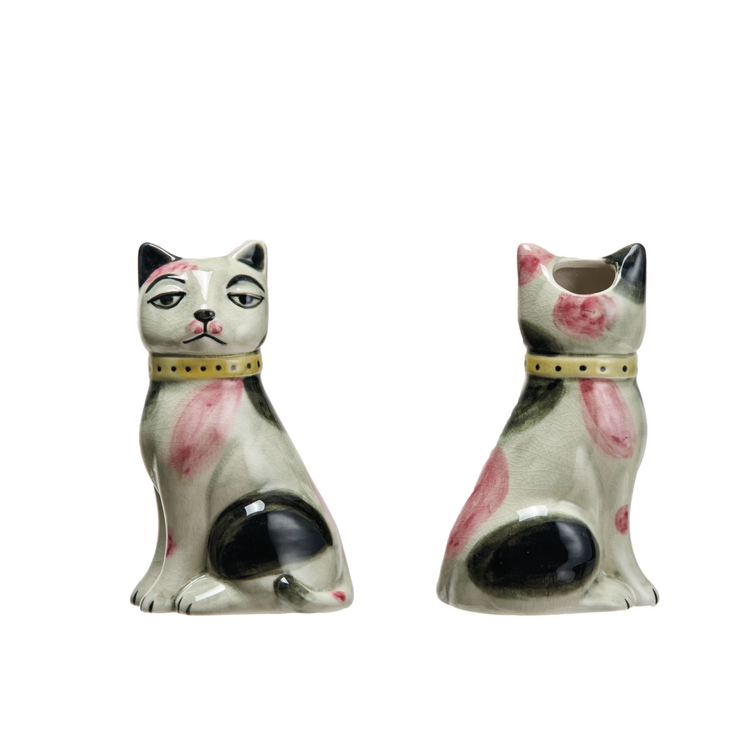 Hand-Painted Stoneware Vintage Reproduction Cat Vase - Multi Color