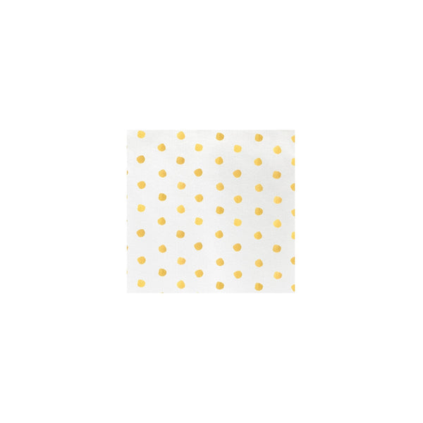 White Papersoft cocktail napkin with a gold polka dot pattern.
