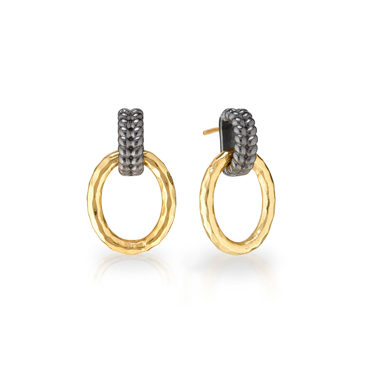 Gold-plated brass Cleopatra Regal Link earrings with midnight blue stones in a curved silhouette.