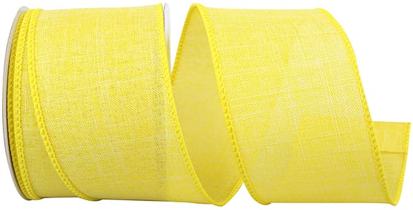 Yellow linen-look ribbon with wired edge, 2-1/2 inches wide.