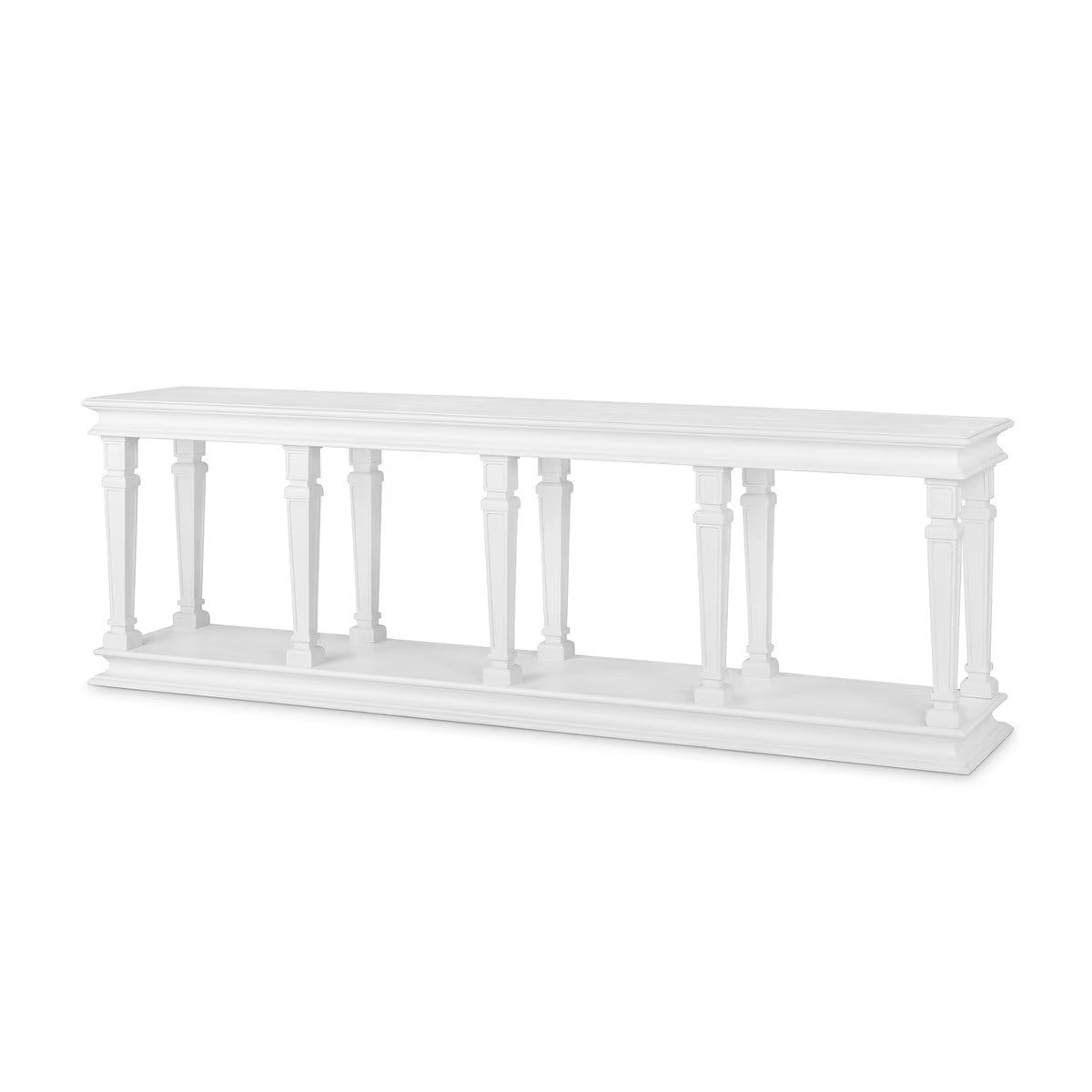 Camelot Grand Console in whitewash finish with eight tapered legs and a lower shelf.