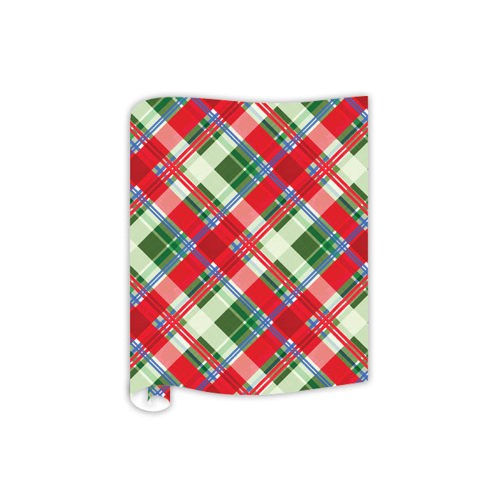 Plaid table runner in red, blue, and white stripes with a rectangular silhouette.