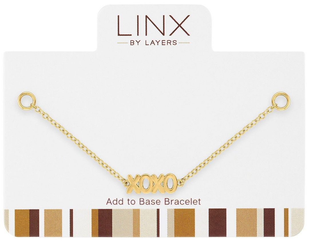 Gold XOXO LINX add-on charm on a delicate chain with circular end connectors.