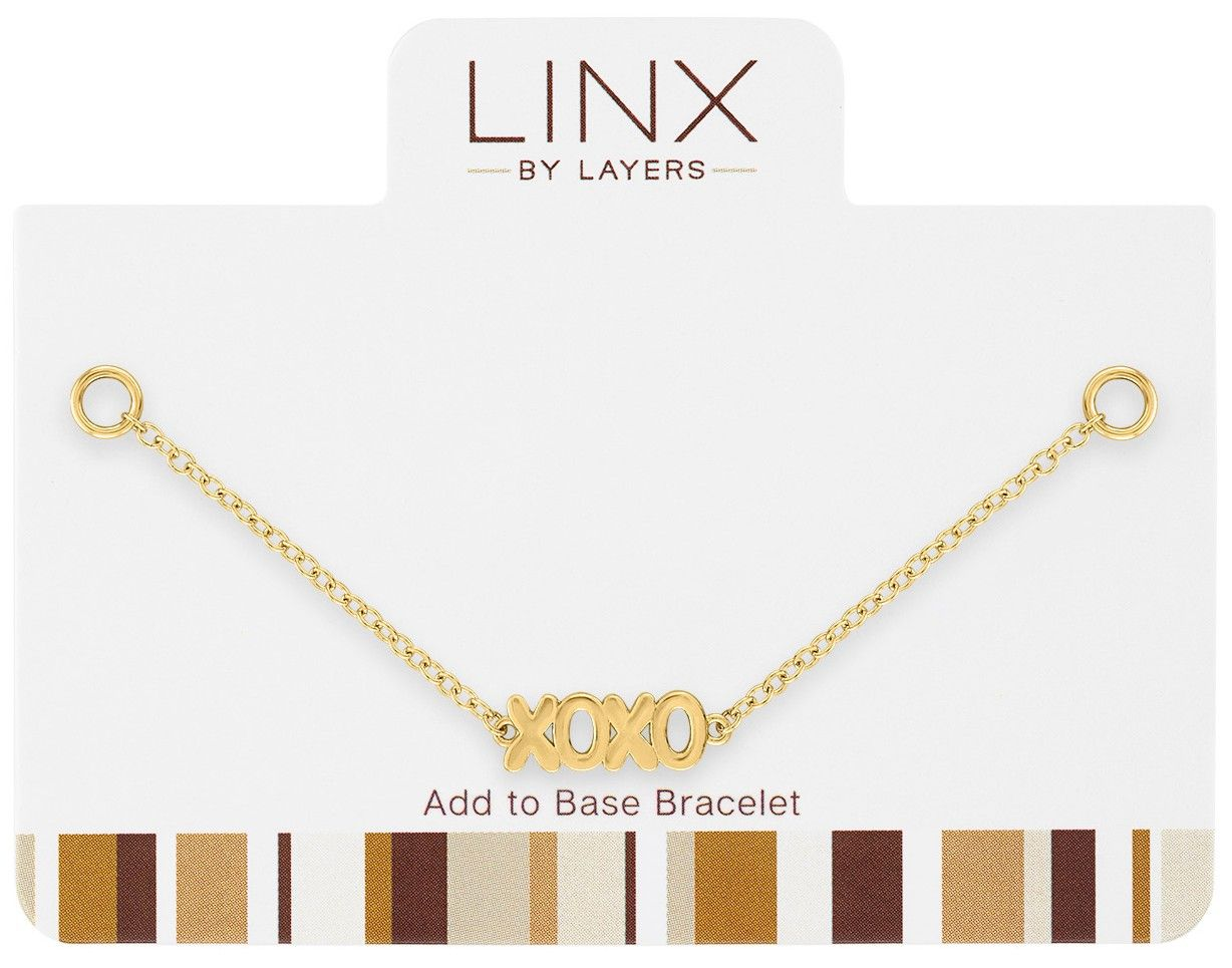 Gold XOXO LINX add-on charm on a delicate chain with circular end connectors.