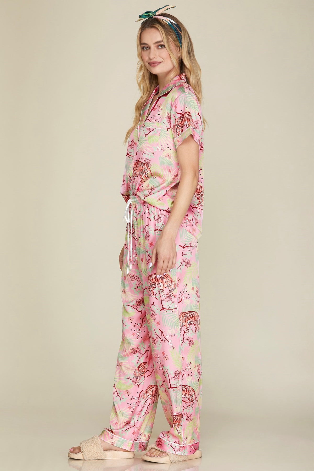 Alex Tiger print satin pajama set in black with orange stripes featuring a relaxed silhouette.