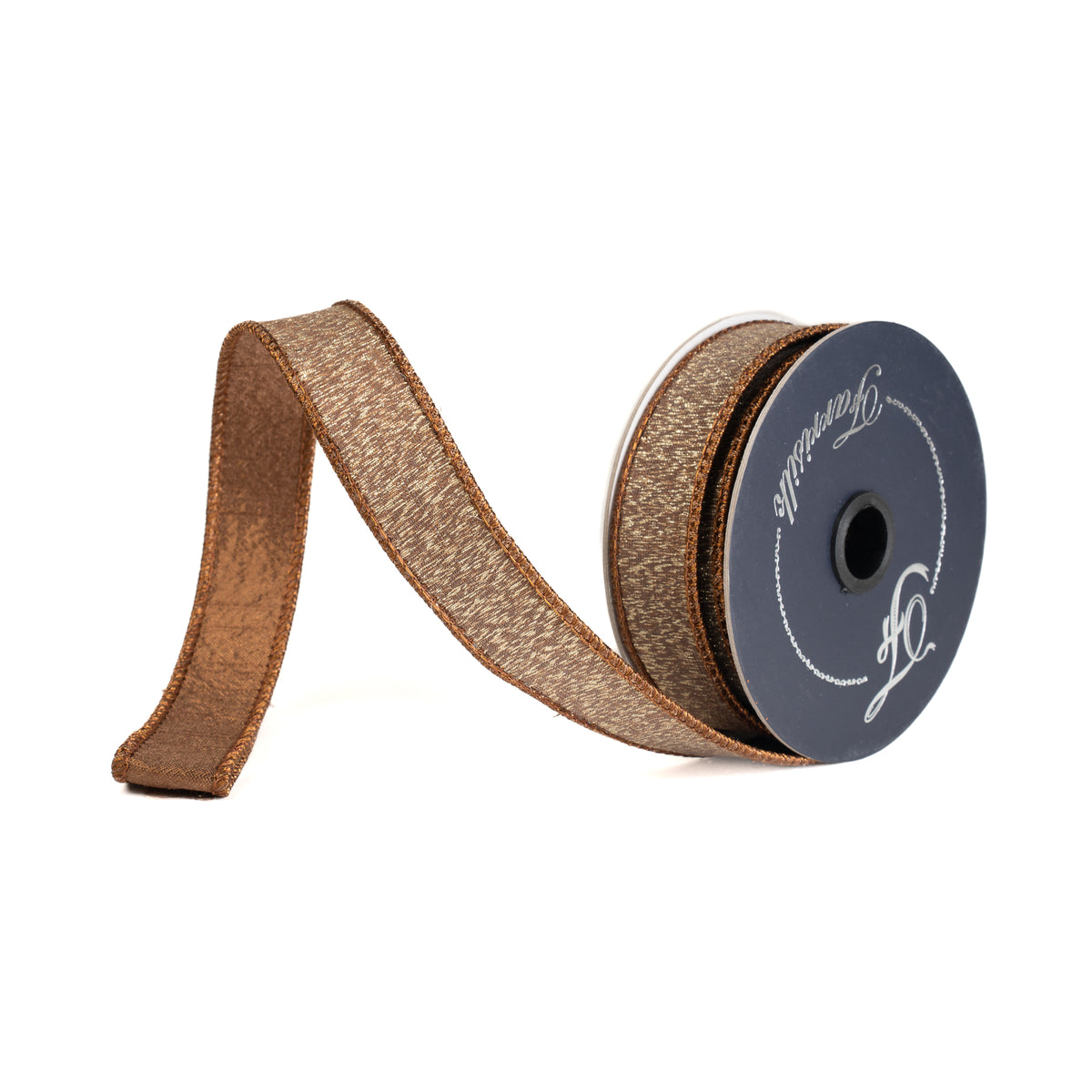 1 inch by 10 yard spool of Stardust Cappuccino ribbon with a shimmering brown metallic texture.