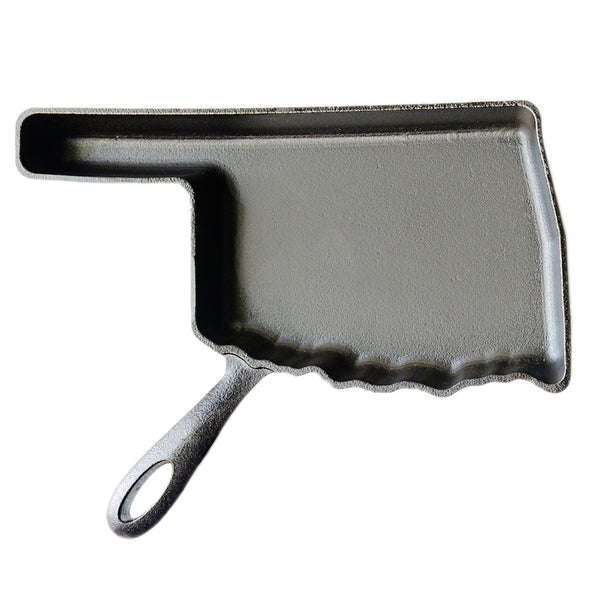 Oklahoma state-shaped cast iron skillet with long handle in a gift box