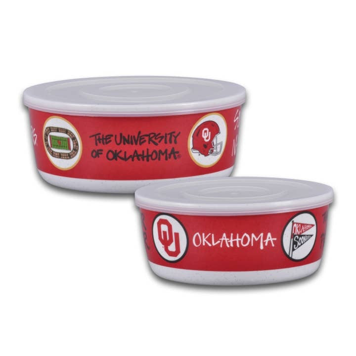 Two University of Oklahoma branded food storage containers with lids in navy blue.
