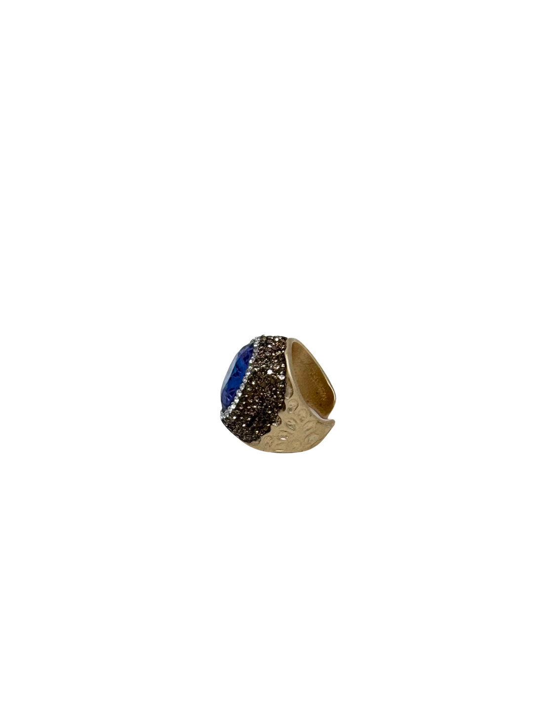Queen of Sheba Fashion Ring featuring a large blue gemstone and textured gold-tone band.