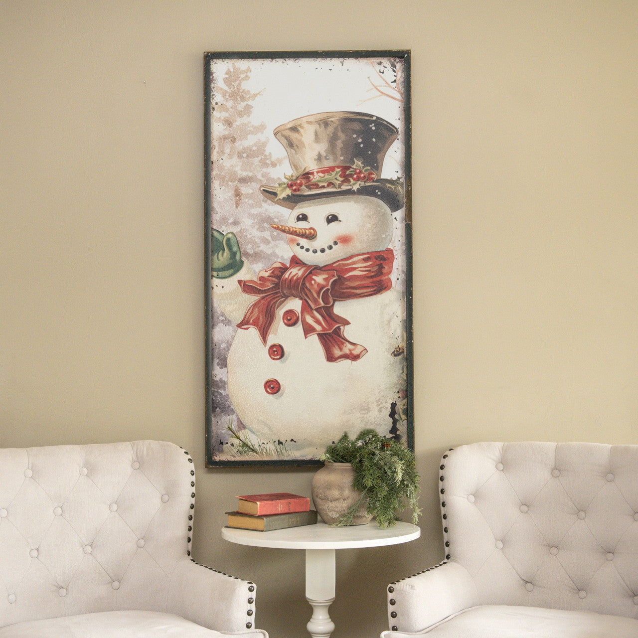 48-inch metal snowman figurine with red bow print on wood base