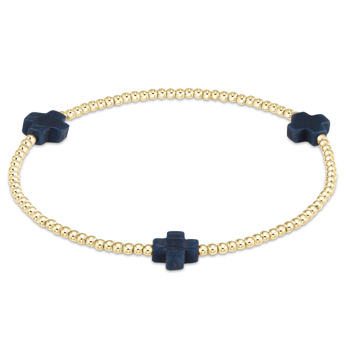 Signature Cross 2mm gold-filled bead bracelet with three navy blue cross accents.