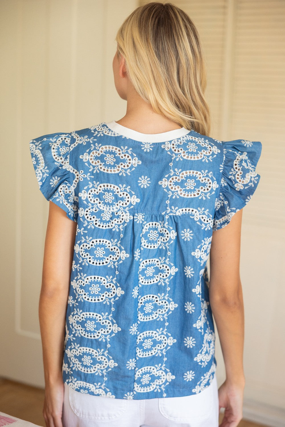 Alisson Ruffle Sleeve Embroidered Chambray Top
