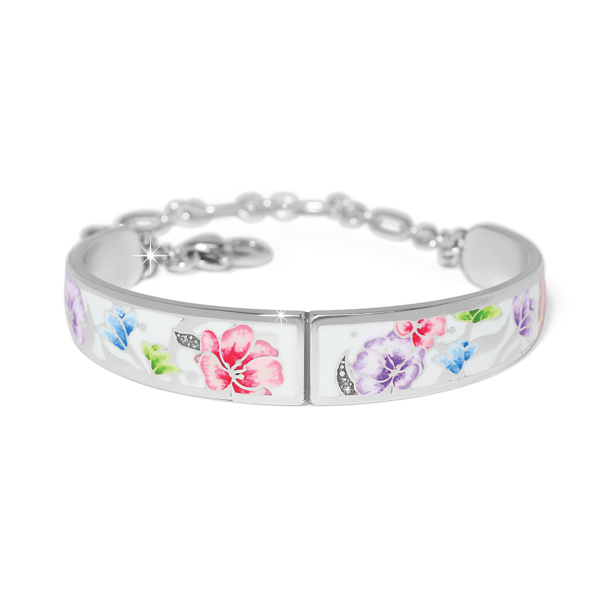 Silver hinged bar bracelet featuring multi-colored enamel finish with fine quality crystals.