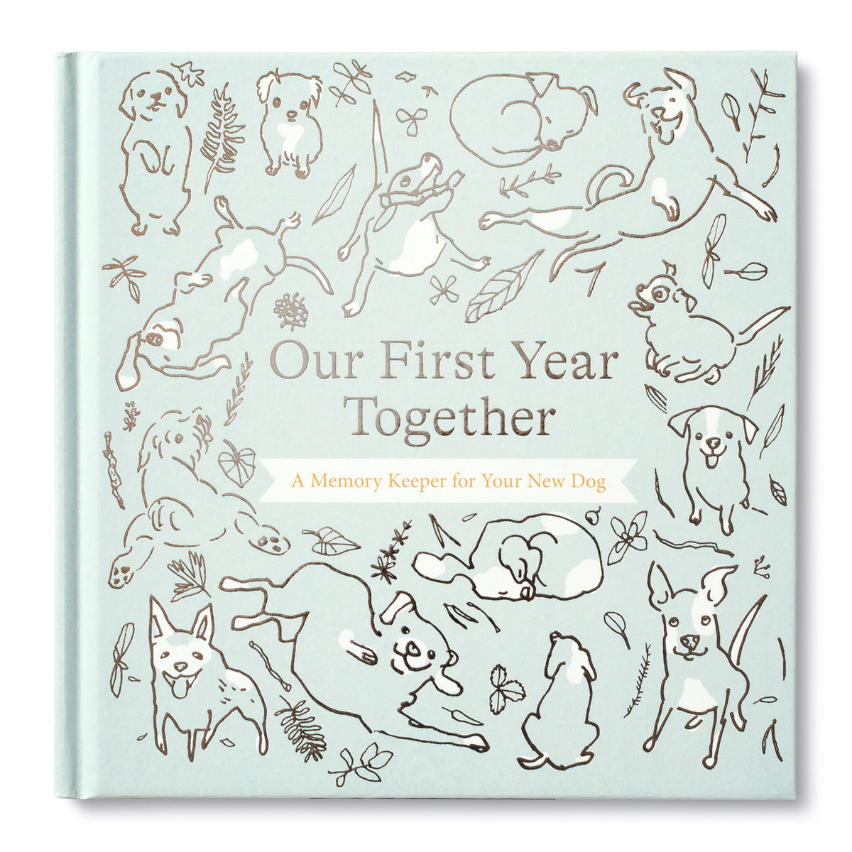 Gunmetal hardcover memory book titled 'Our First Year Together' with dog illustrations and photo slots.