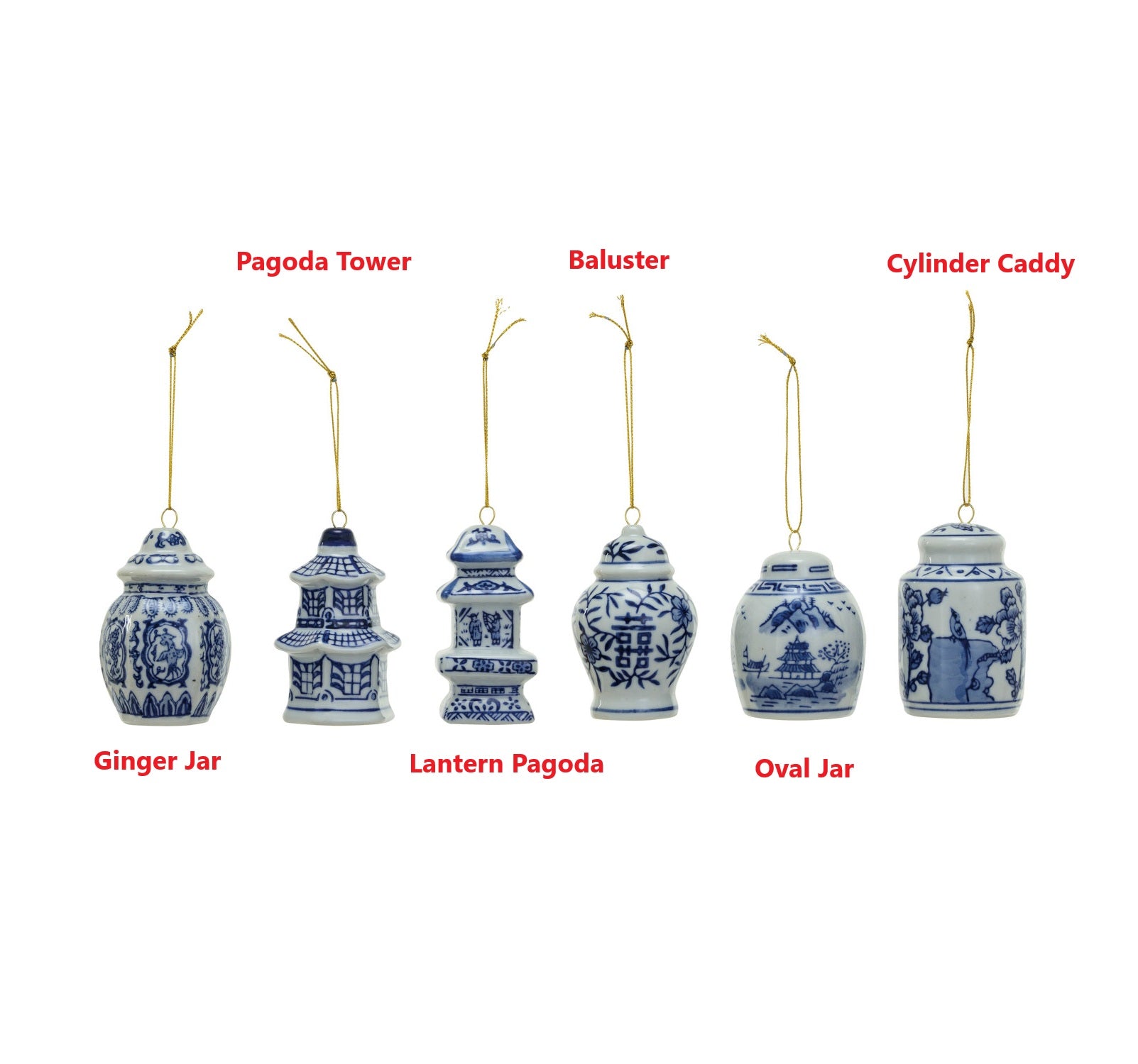 Six blue and white stoneware ornaments in ginger jar, pagoda, baluster, and cylinder shapes.
