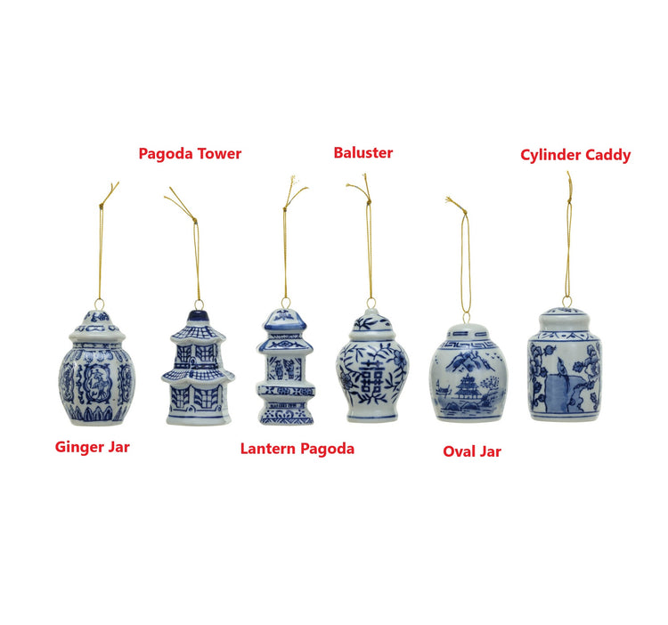 Six blue and white stoneware ornaments in ginger jar, pagoda, baluster, and cylinder shapes.