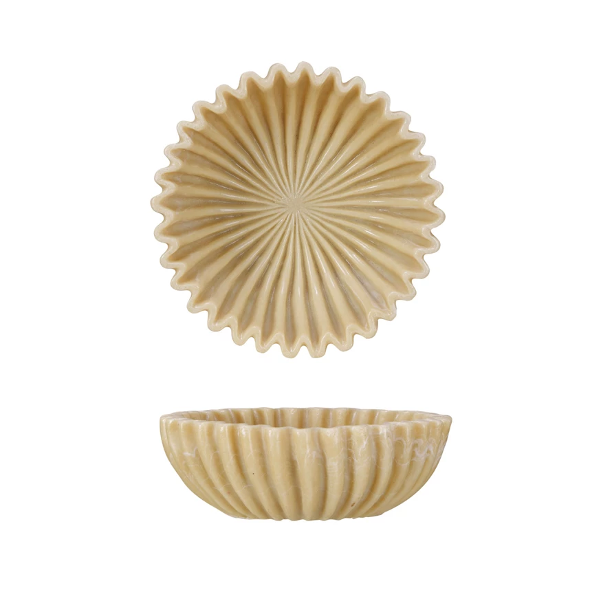 Round decorative resin pleated bowl in neutral tone with textured ruffled rim edge