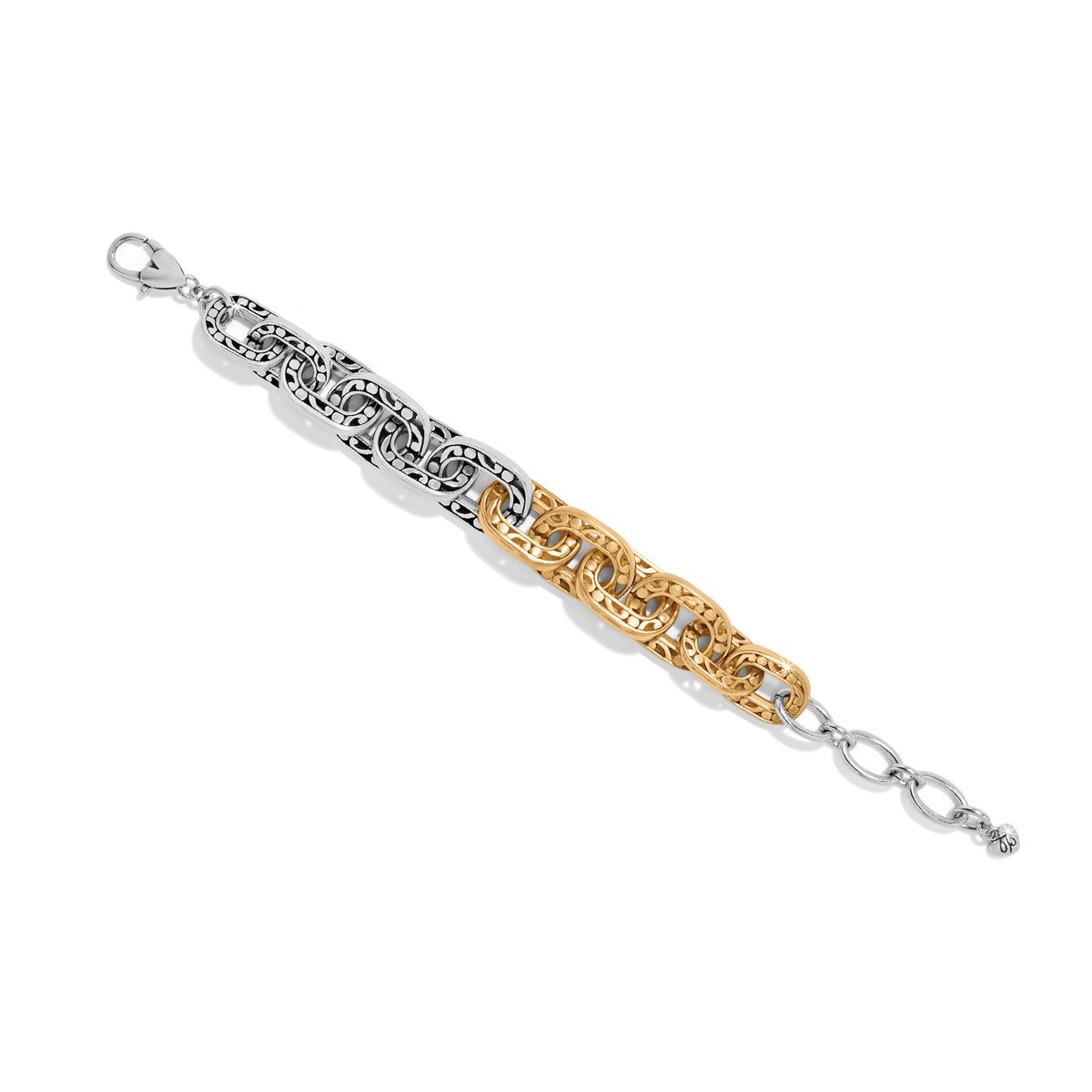 Two-tone silver and gold adjustable lobster claw bracelet with a two-toned finish.