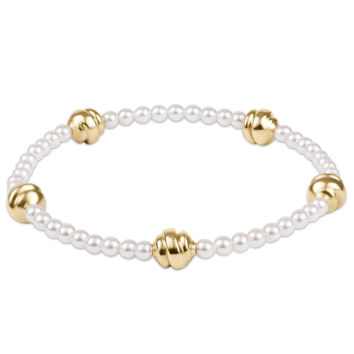 Admire Small Gold 3mm Pearl Bracelet with white crystal pearls and gold beads on elastic.