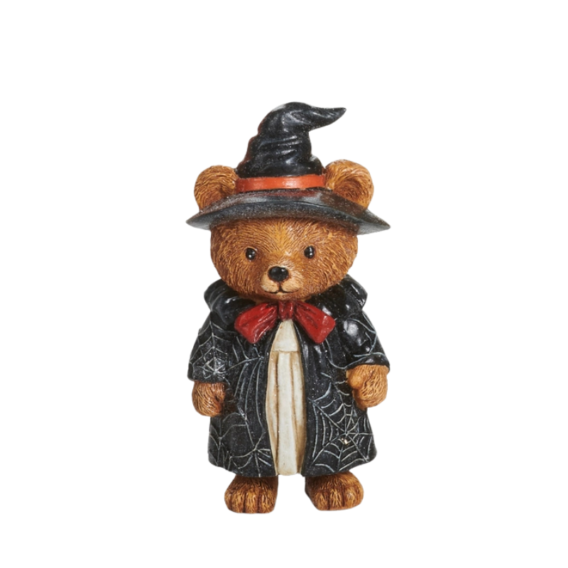 5.75-inch resin teddy bear figurine dressed in a black witch hat and spiderweb-patterned cloak.
