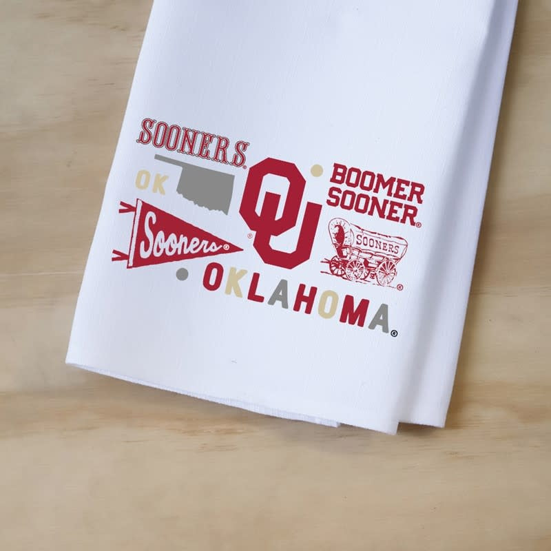 Oklahoma Collegiate Cluster tea towel with team logo on white polyester fabric