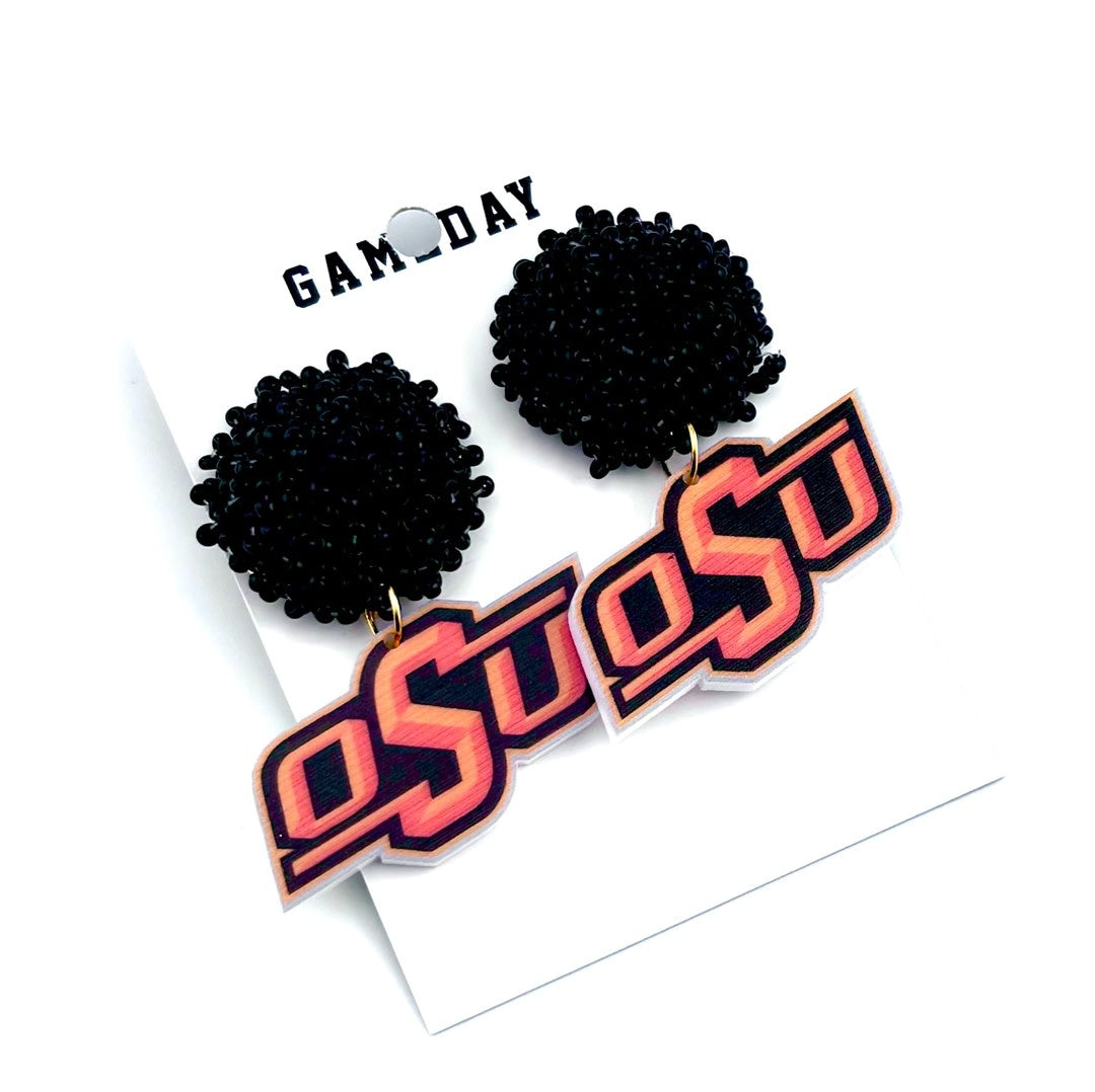 Oklahoma OSU earrings featuring the team's crimson and cream colors with a classic stud silhouette.