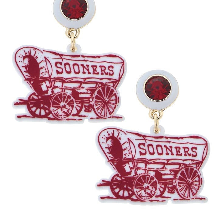 Crimson and white resin earrings featuring the Sooner Schooner mascot silhouette on a gold-plated base.
