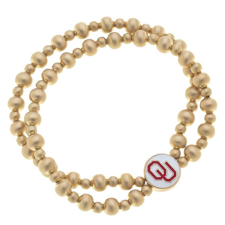 Oklahoma Sooners stretch bracelet with satin gold ball beads in a two-row pattern.