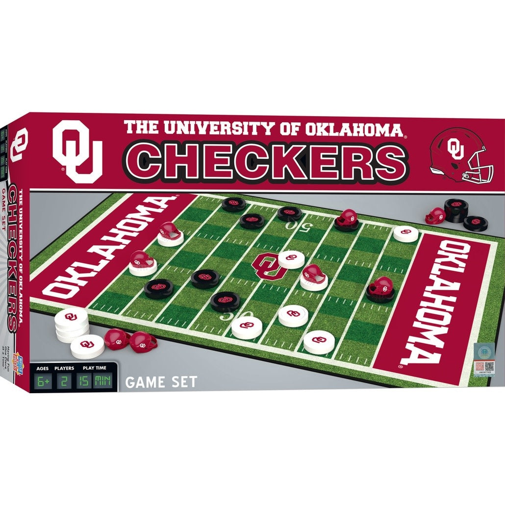 Oklahoma Sooners checkers board game with team helmet pieces on a black and white grid.