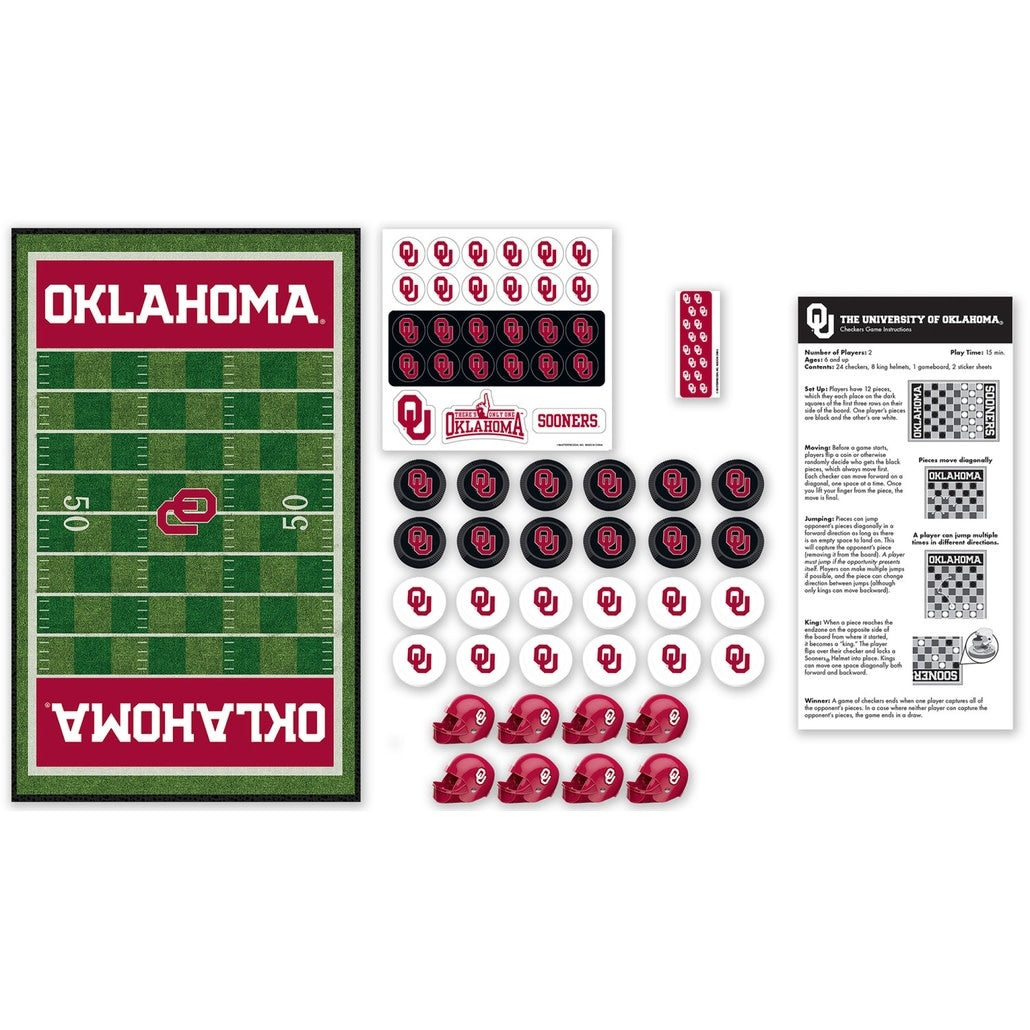 Oklahoma Sooners checkers board game with team logo pieces on a black and white grid.