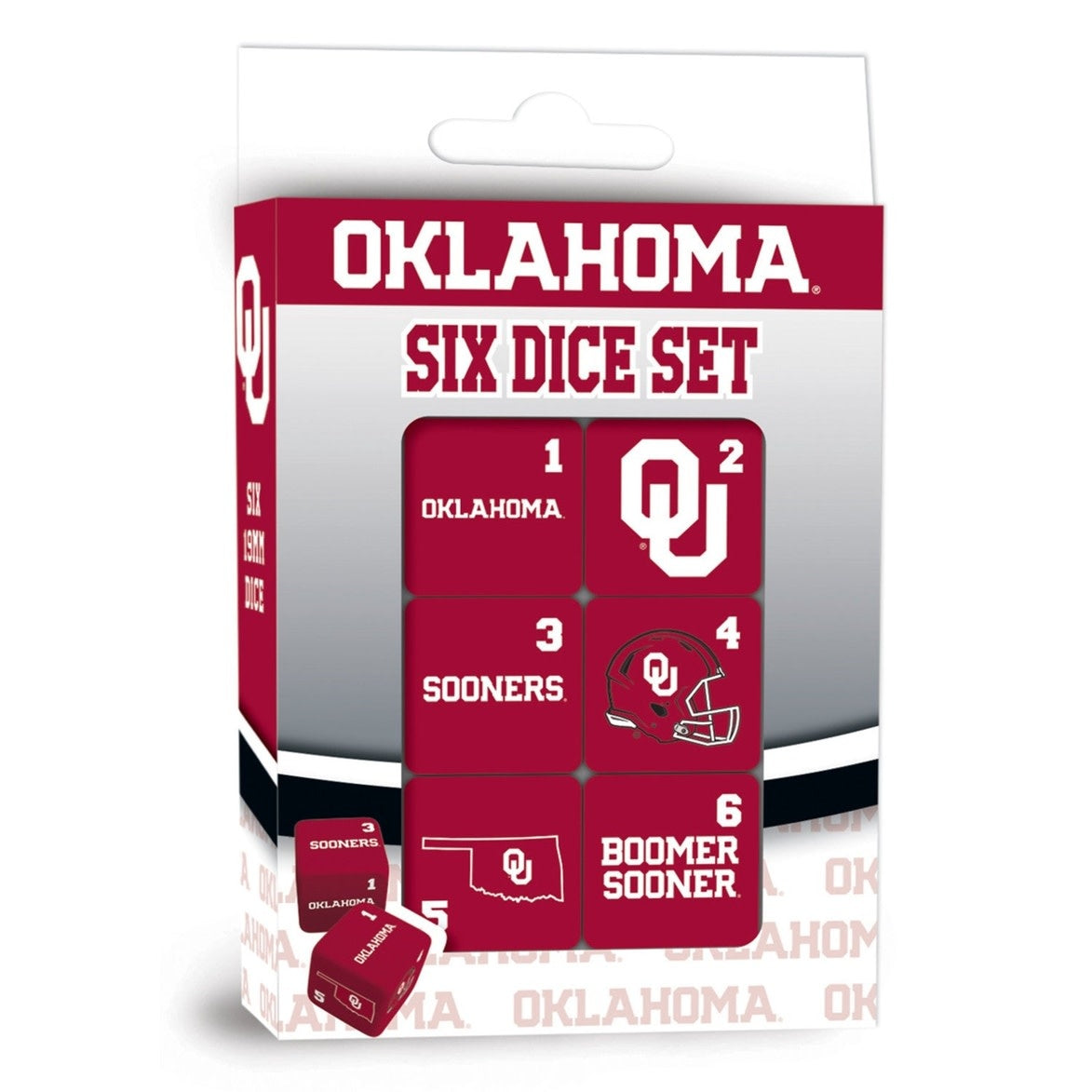Six standard-sized D6 dice featuring the Oklahoma Sooners logo in crimson and cream.