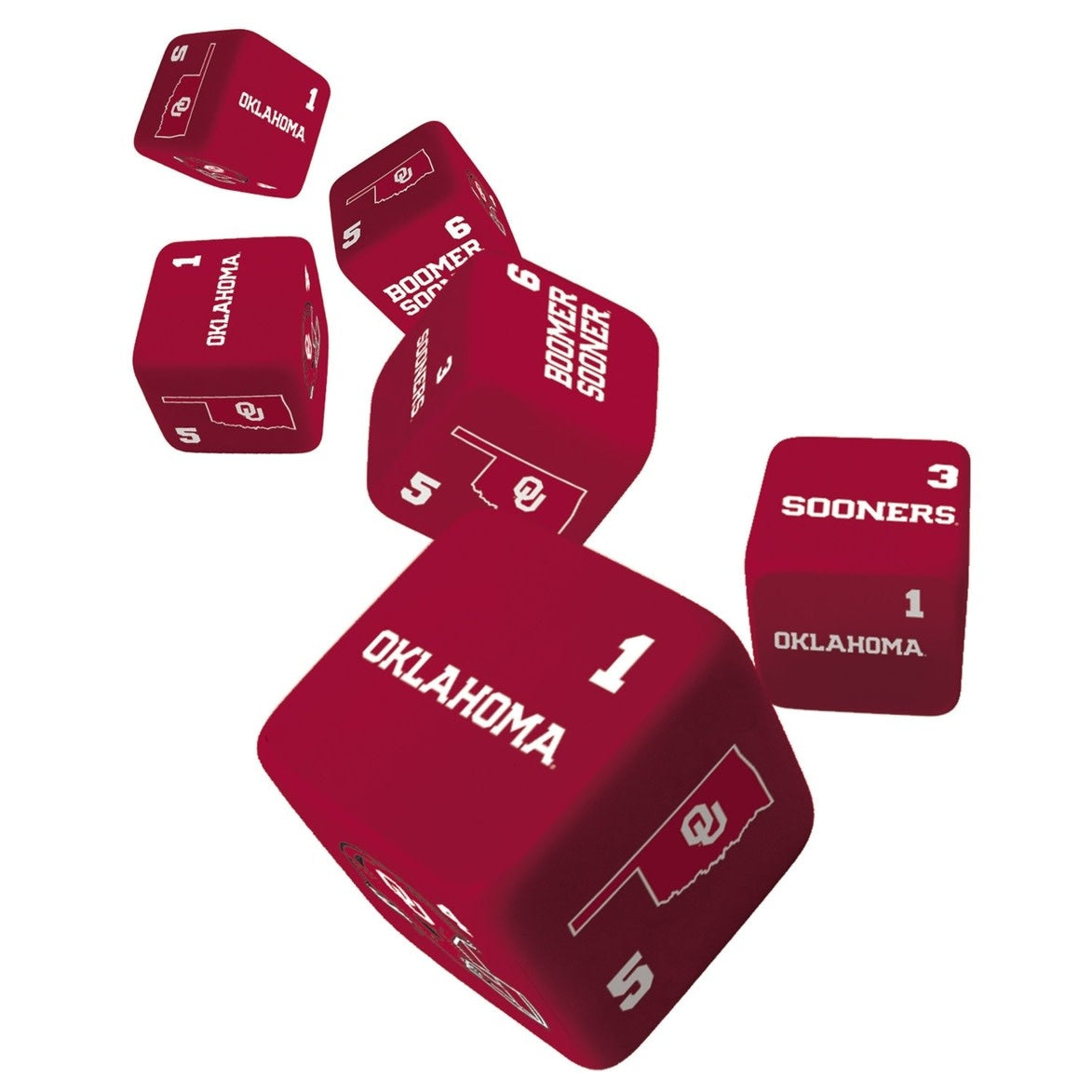 Six white D6 gaming dice featuring the Oklahoma Sooners logo in crimson.